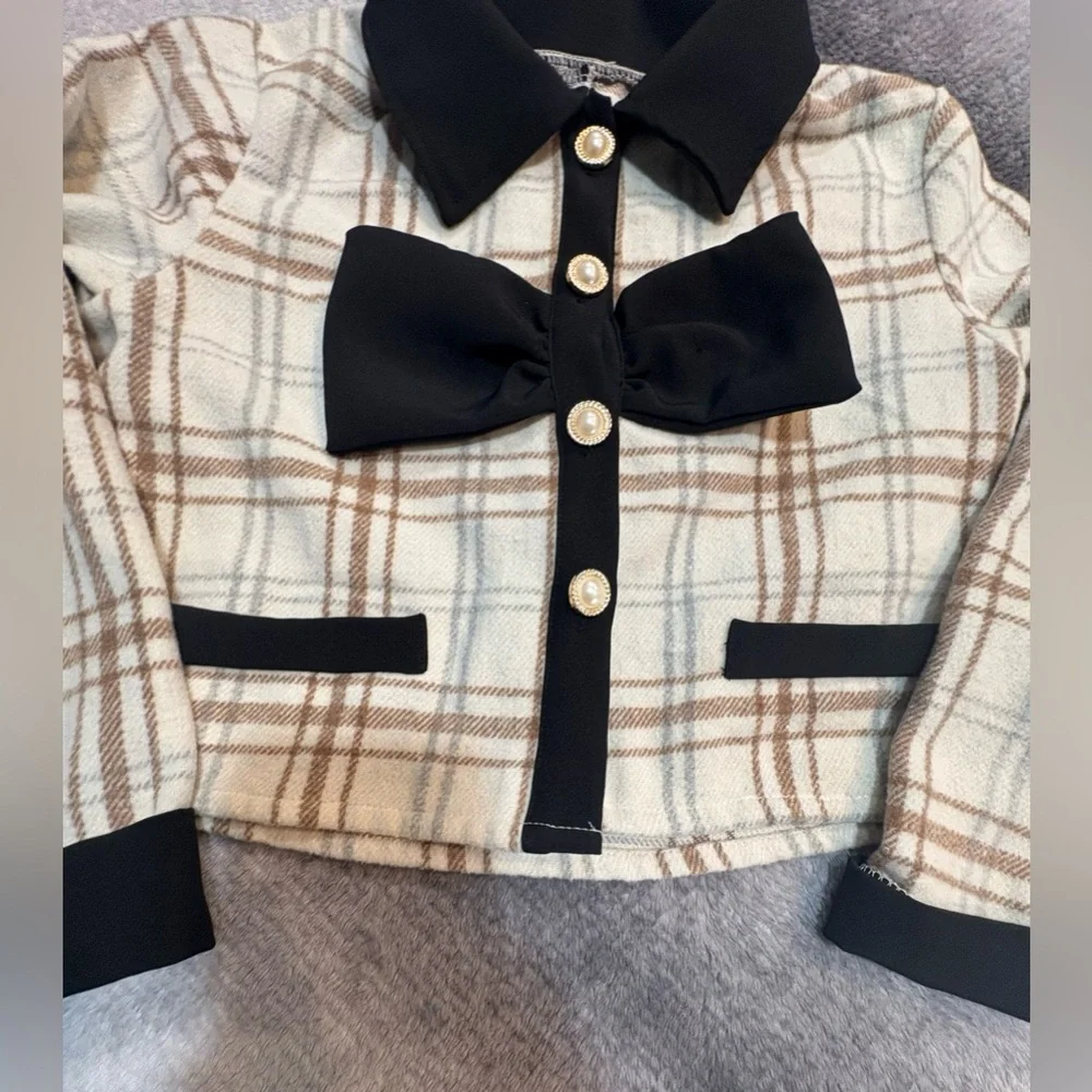 (B3) SHEIN Girls Cream Black Plaid Bow Statement Jacket Top 8Y - Picture 4 of 10